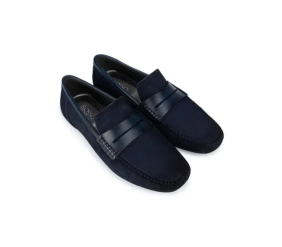 Blue Suede Moccasins With Leather Panel