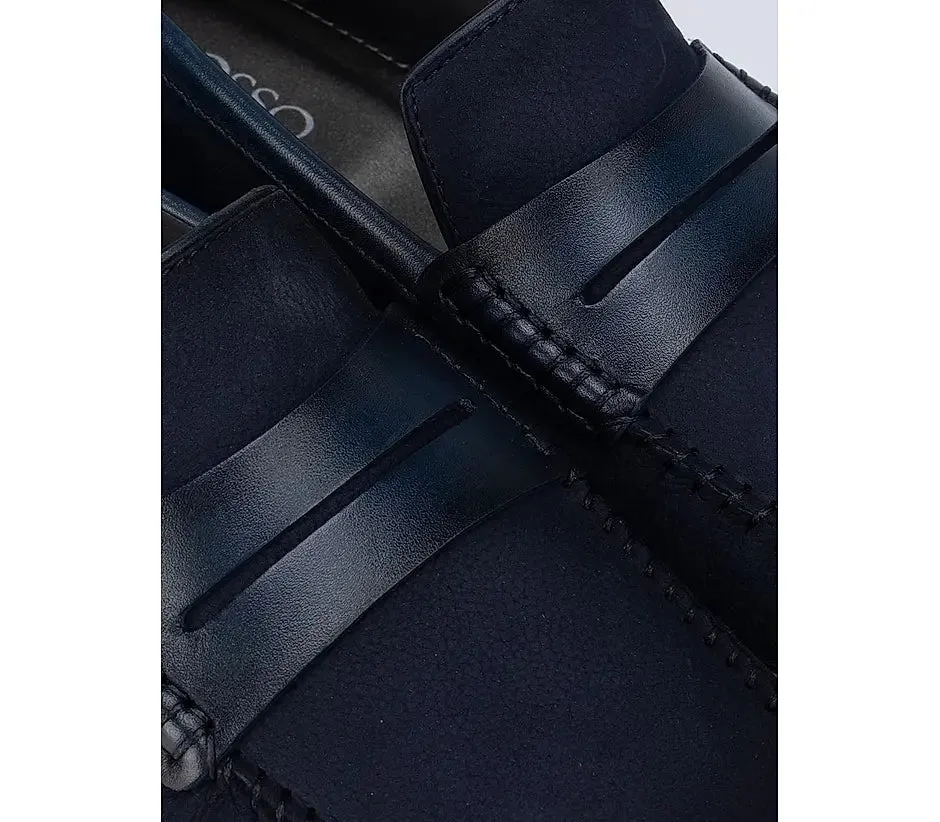Blue Suede Moccasins With Leather Panel