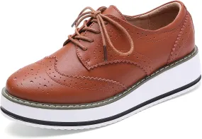 DADAWEN Women's Platform Lace-Up Wingtips Square Toe Oxfords Shoe