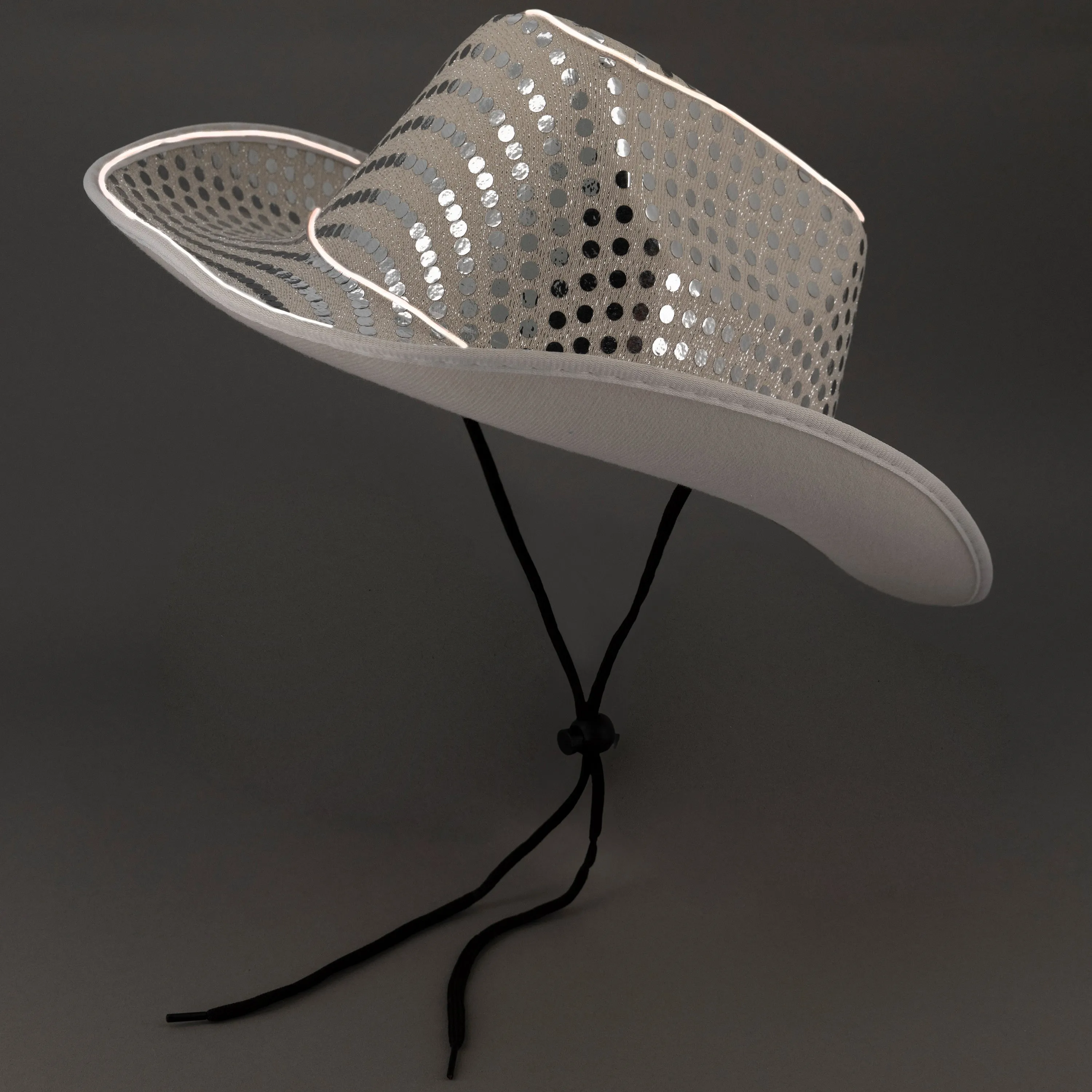 LED Flashing EL Wire Sequin White Cowboy Party Hat - Pack of 36 Hats