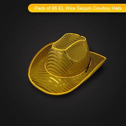 LED Flashing Gold EL Wire Sequin Cowboy Party Hat - Pack of 96 Hats