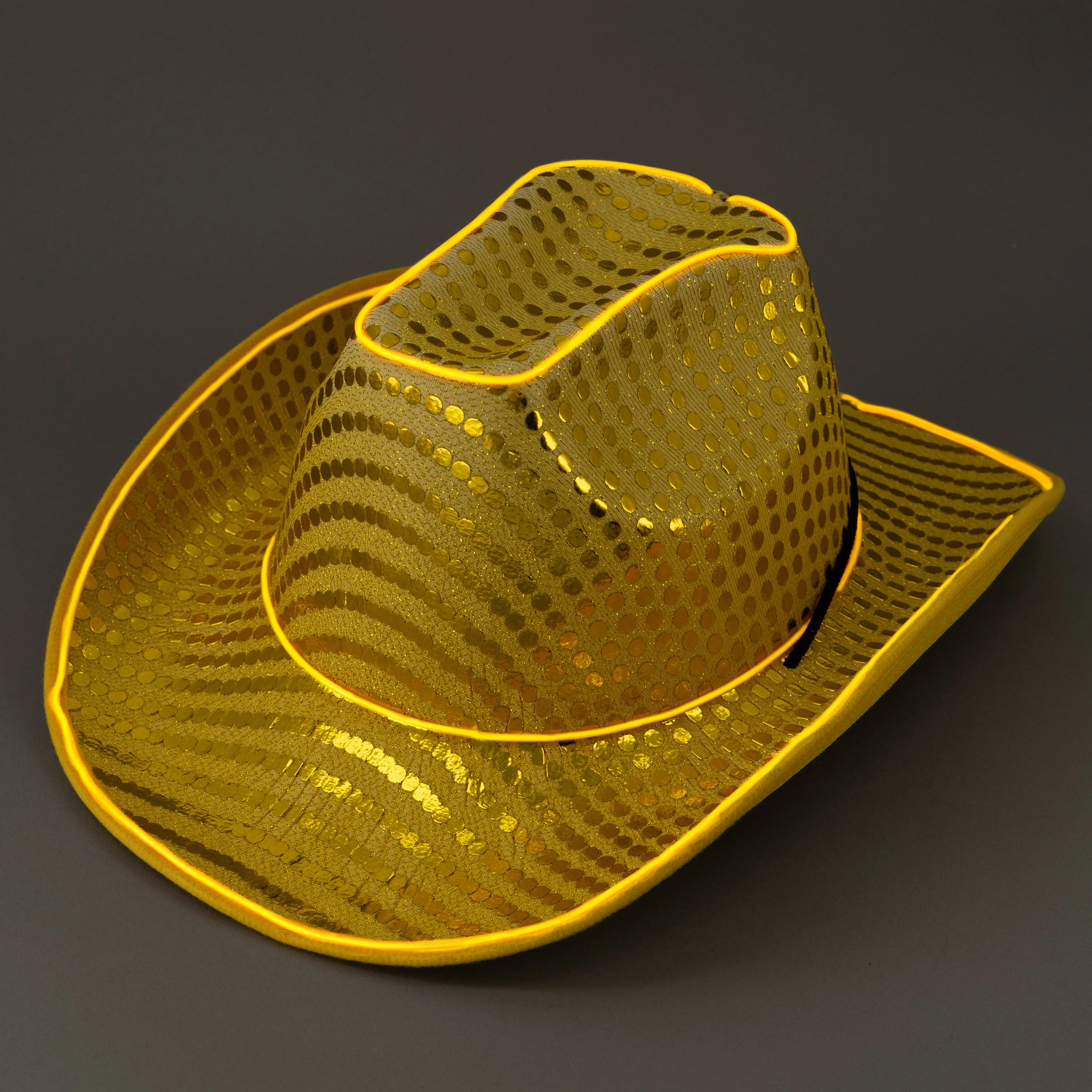 LED Flashing Gold EL Wire Sequin Cowboy Party Hat - Pack of 96 Hats