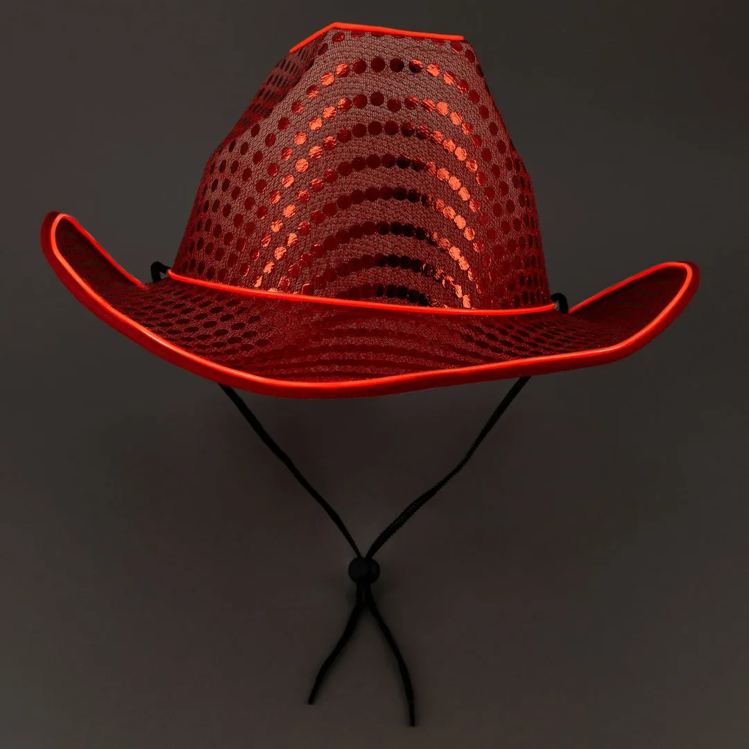 LED Flashing Red EL Wire Sequin Cowboy Party Hat - Pack of 3 Hats