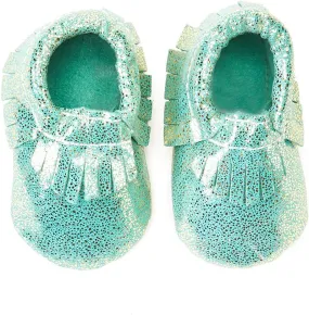 Unisex-Child Aqua & Gold Glitter Leather Moccasin Booties